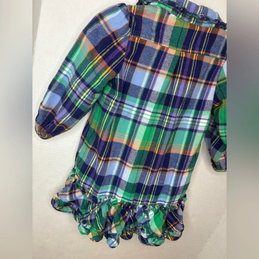 Ralph Lauren Baby Girl Blue/Green Plaid Flannel Ruffle Shirt Dress 18mon